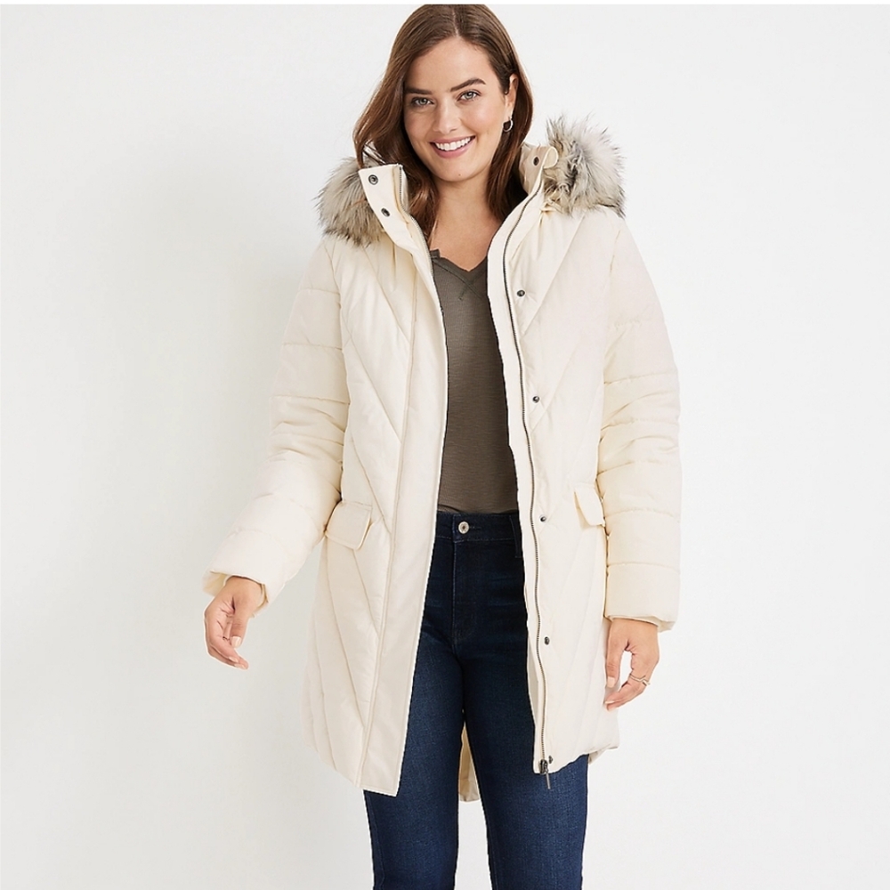 Women's Cream Quilted Coat with Faux Fur Hood